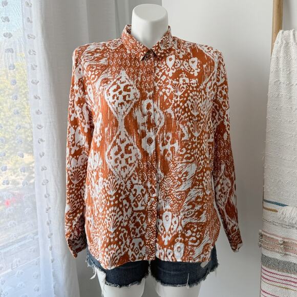Garnet Hill Tops - Garnet Hill Brown White Printed 100% Linen Button Down Boho Casual Shirt Size 14